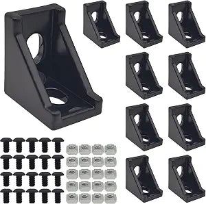 10 Set Black 2020 Series Aluminum Extrusion Profile Corner Bracket, L Shape Connectors wtih 20 Pcs M5 T Slot Nuts + 20 Pcs M5 Hex Bolts for 1/4 20/20 V T Slot Rail Perfil Extruded Aluminum Connect