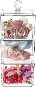 BLVRYVIO Hair Accessories Organizer for Girls with Lids, 3 Stackable, 1Pack