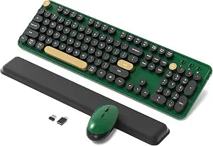 Retro Wireless Keyboard and Mouse Combo with Wrist Rest (Dark Green)