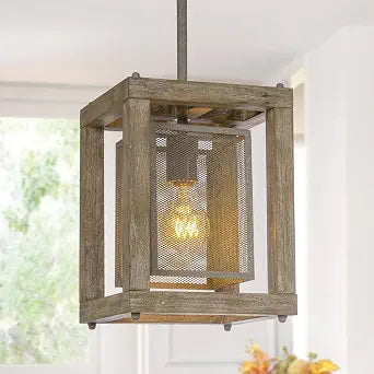 Farmhouse Pendant Lighting, Wood Hanging Light Fixture with Rustic Metal Cage Shade for Kitchen Island, Dining Room, Bedroom, Foyer and Hallway