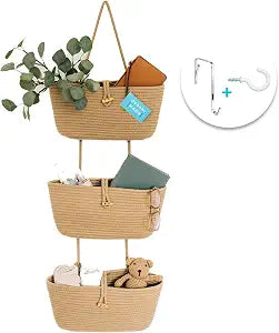 OrganiHaus Over the Door Organizer, Woven Rope Hanging Baskets, 3-Tier