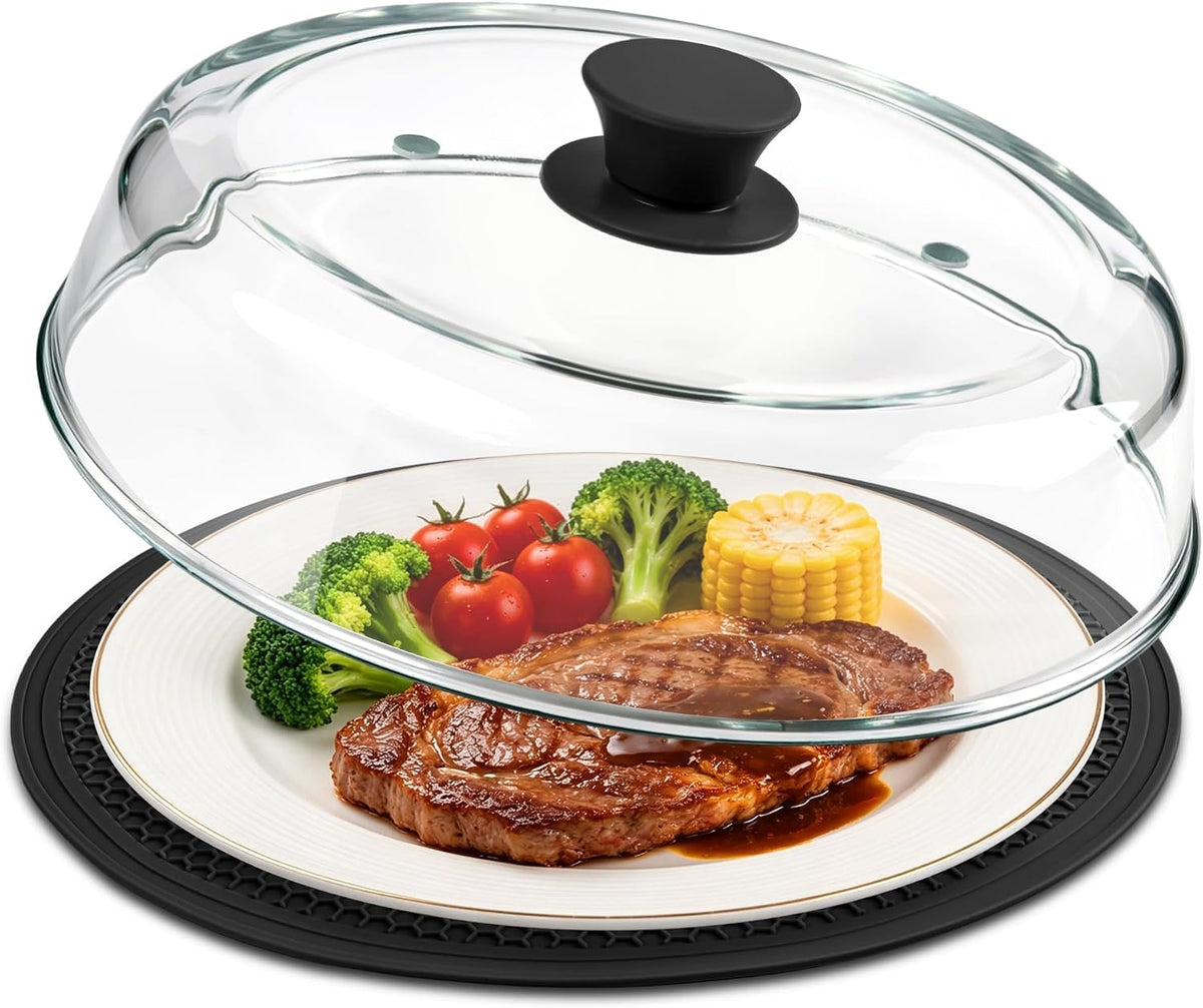 10inch Glass Microwave Splatter Cover for Food with Silicone Mat - Heat Resistant Plate Splatter Guard Lid with Vent Holes & Easy-Grip Handle - BPA Free, Dishwasher Safe