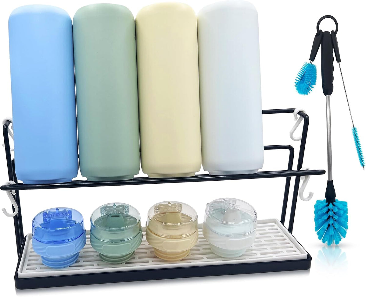 Water Bottle Drying Rack for Kitchen Counter - Cup Drying Rack, Tumbler, Mug & Glass Drying Rack Drying Rack, 2 Tier with Drain Tray and Cleaning Brush Set (Black)