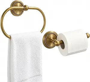 2-Pieces Antique Brass Toilet Paper Holder & Towel Ring, Bath Accessories