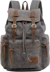 HuaChen Vintage Canvas Travel Backpack with Leather Trim, Laptop Padded Sleeve, Hidden Back Security Pocket, Fits 14-Inch, M32 Gray