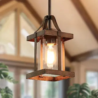 LOG BARN Pendant Lights Kitchen Island, Farmhouse Kitchen Pendant Lighting Over Island with Clear Glass, Rustic Faux Wood Pendant Light Fixtures, 5.5'' x 10.3''