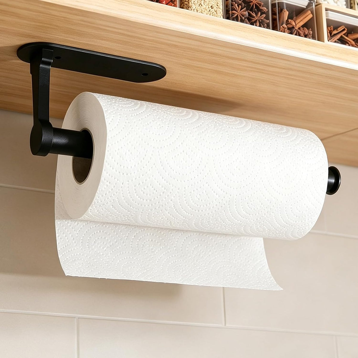 MONEER Paper Towel Holder Under Cabinet, Self-Adhesive Kitchen Towel Holders Wall Mount, Aluminum Alloy Paper Towel Roll Rack for Kitchen, Bathroom, Living Room, RV, Garage (Black)