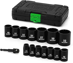 TecoTek 15 Pieces 1/2-Inch Drive Shallow 12-Point Metric Impact Socket Set, Cr-V, 11mm to 32mm, Drill Socket Adapter 1/2"