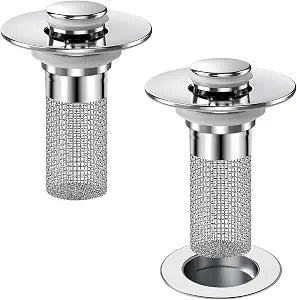 Bathroom Sink Drain Strainer, Pop-up Sink Stopper Hair Catcher with Removable Stainless Steel Filter Basket,Universal Drain Plug Filter Replacement for Bathroom Shower Sink Stopper(2Pcs)