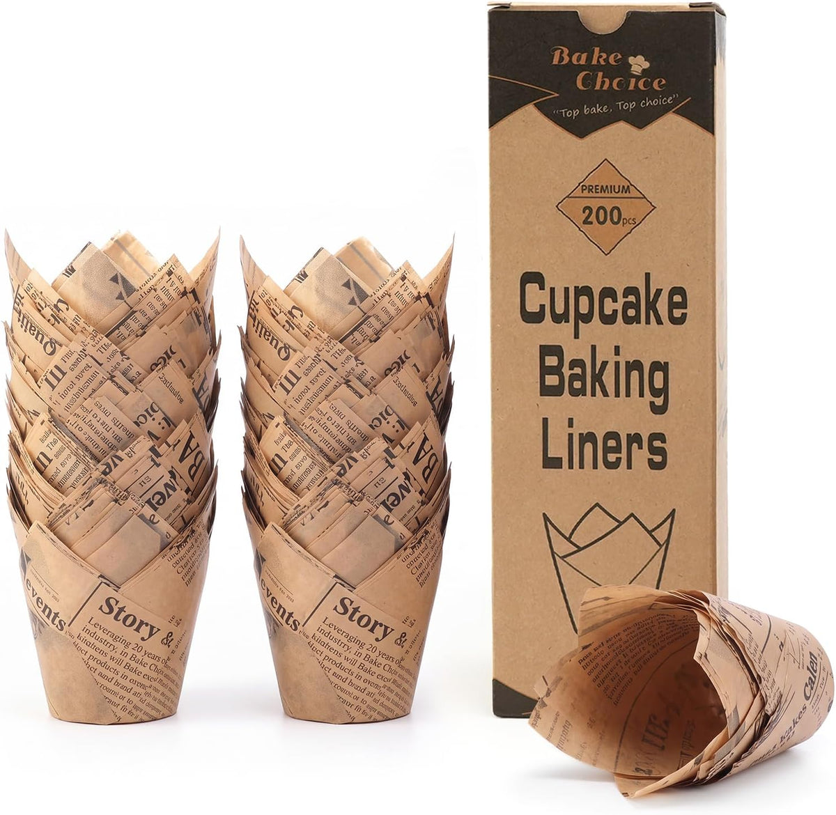 Bake Choice 200pc Standard Tulip Cupcake Liners for Baking, Newspaper Print