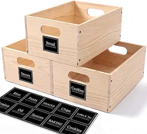 3 Pack Pantry Organizer Baskets, Wooden Crates with Built-in Handles, 8.5 x 11.5in Stackable Pantry Storage Bins, Wooden Storage Box for Pantry Cabinet Organization
