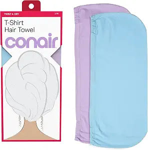 Conair T-Shirt Hair Towel 2 Pack with Anti-Frizz Cotton Jersey Fabric, Lightweight Quick Dry Hair Wrap for All Hair Types, Non-Terry Plopping Towel for Curly, Wavy & Textured Hair