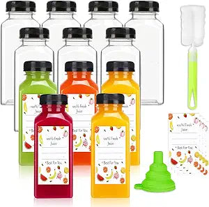 Plastic Juice Bottles with Caps 12Pcs -12oz Reusable Juice Containers with Tamper Proof Lids Black - Clear Bottles for Juicing Milk Smoothie Drinking and Other Beverages