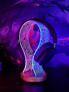 YuanDian Headphone Stand, Walnut Wood Headset Holder with Blue Pink LED Night Light for Gamers, Men, and Music Lovers - Perfect Desk Gift Idea