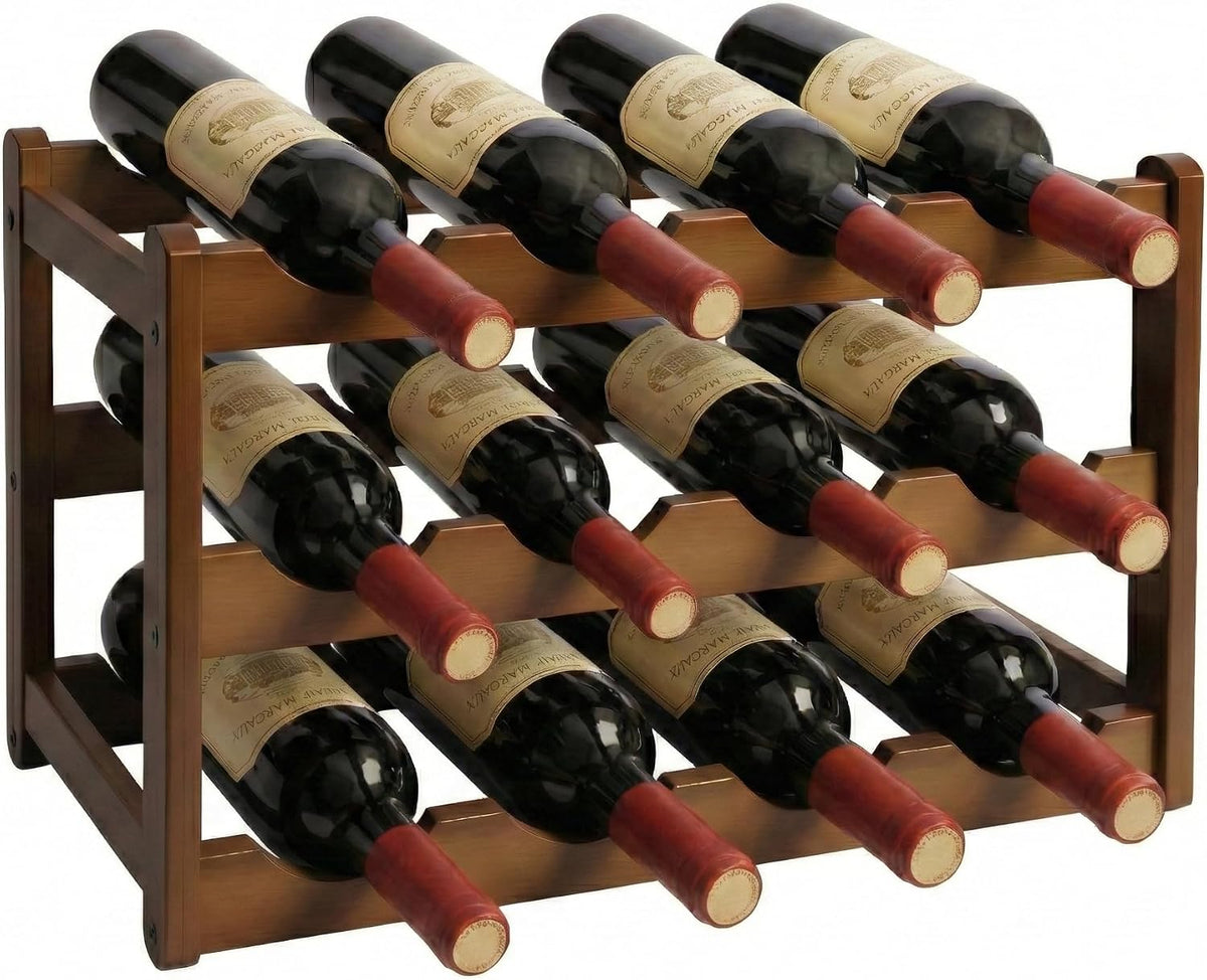 Bamboo Wine Rack, 3-Tier 12-Bottle Countertop Storage Shelf