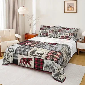 Rustic Cabin Bed Sheets Queen Woodland Wolf Deer Bear Sheet Set For Kids Adults,Red Black Buffalo Plaid Bedding Wildlife Camping Lodge Mountain Fitted Sheet Southwestern Farmhouse Flat Sheet 4 Pcs