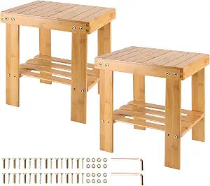 HOIGON 2 Pack 13 Inches Bamboo Shower Bench Stool, Wooden Foot Stool with Storage Shel, Non-Slip Stepping Stools for Home, Garden, Bathroom