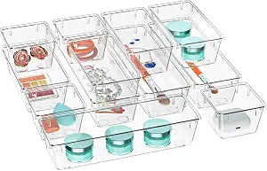 12 Pack Clear Drawer Organizer Set, Drawer Storage Trays, Storage Bins