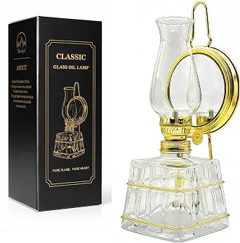 Vintage Glass Oil Lamp, Tabletop & Wall Mount Kerosene Lamp with 330ml Oil Capacity, 10.24" Retro Decorative Hurricane Lamp for Home Decor, Gift & Emergency Lighting(Gold)
