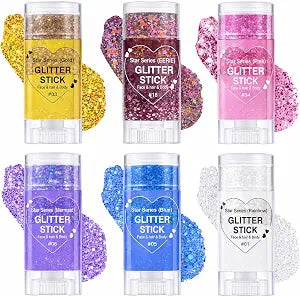 Body Glitter Sticker, 6 Pack Glitter Sticks for Face, Body & Hair, Shimmery Makeup Glitter for Festival, Party, Concert, Halloween & Cosplay