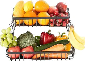 VEVOR 2 Tier Fruit Basket, Countertop Fruits Vegetable Bowl with Banana Hangers, Metal Wire Storage Stand for Kitchen Counter, Detachable Stackable Holder Organizer for Bread Snack Veggies, Black