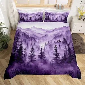 Erosebridal Purple Forest Comforter Cover Queen,Rustic Woodland Pine Tree Bedding Set,Jungle Smoky Mountain Duvet Cover for Kids Adults Women Retro Natural Landscape Bed Set Zipper 3 Pcs