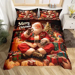 Cartoon Santa Claus Duvet Cover Set Twin Size,Merry Christmas Xmas Tree Bedding Set,Boys Girls Room Decor,Wooden Cabin House Rustic Comforter Cover,Red Brown Quilt Cover,1 Pillowcase(No Comforter)