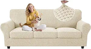 MAXIJIN 4 Pieces Stretch Couch Covers for 3 Cushion Sofa Pet Friendly Couch Cover for Dogs Washable Sofa Slipcovers Thick Soft Furniture Protector with Non Slip Strap (Beige, 71"-91")