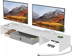 LAPTAIN Dual Monitor Stand Riser with Drawer, Adjustable Desk Organizer