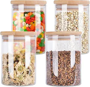 Aoeoe 4 Pack Glass Storage Jars with Airtight Bamboo Lid, 27 OZ Glass Kitchen Canisters, Clear Container for Coffee Bean Storage, Dry Goods, Cookie, Candy, Tea, Spices and More
