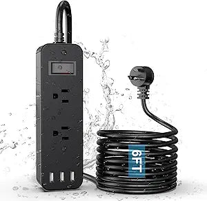 Outdoor Waterproof Power Strip with 2 Outlets 3 USB Ports, 6FT Flat Plug Extension Cord, Surge Protector, Mountable for Garden Bathroom Kitchen, Black