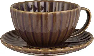 Creative Co-Op 10-Ounce Stoneware Ribbed Mug with Saucer in Reactive Glaze, Plum Color