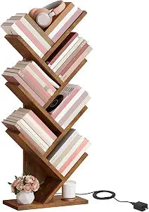 Hoctieon 7 Tier Tree Bookshelf with LED Light, Small Bookcase, Freestanding Book Shelf, Display Floor Standing Storage Shelf, Book Organizer Shelves for Home Office, Living Room, Corner, Rustic Brown