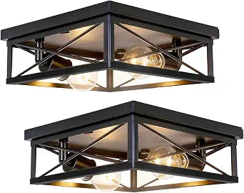 2-Pack Farmhouse Black Flush Mount Ceiling Lights, Industrial Square Metal Cage Light fixtures for Bedroom Hallway Kitchen Balcony Porch Stairway