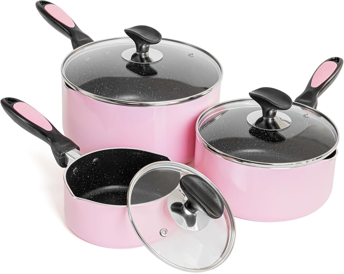 Nonstick Saucepan Set with Lid, 3-Piece Non Stick 1Qt & 2Qt & 3Qt Sauce Pan Set with Glass Lid (PINK)