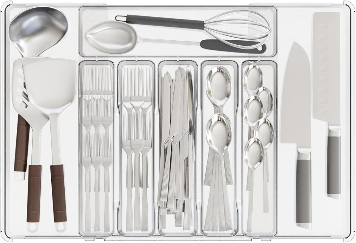Yieach Clear Expandable Silverware Drawer Organizer - Adjust From 11'' to 22'' - Knife,Cutlery,Spoons and Forks Organizer,Large 8 Grid Flatware,Silverware Tray,Utensil Organizer for Kitchen Drawers