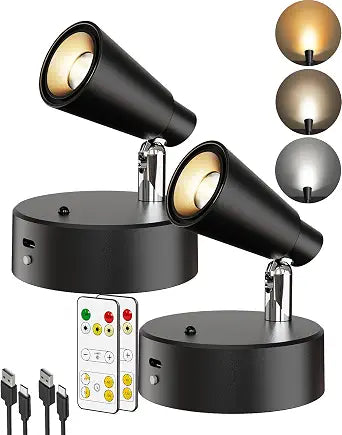 LYTARA LED Spotlights Indoor, 5000mAh Rechargeable Battery Powered Picture Lights, Dimmable&Timer, 3CCT, Cordless LED Uplights with Remote, Accent Lighting for Artwork Plants Painting (Black, 2Pcs)