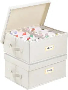 Aokeyee 2 Pack Photo Storage Box, Linen Organizer Holds 3400+ 4x6 Pictures