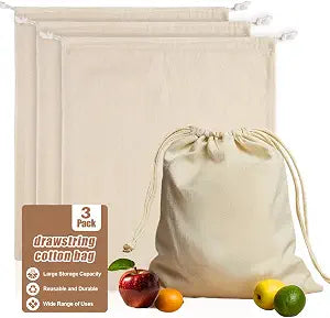 RAINFLOW Cotton Storage Bags with Drawstrings - Reusable Muslin Produce Bag