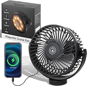 Magnetic Cruise Fan with 12000mAh Battery - Portable Cabin Air Circulator, 3-Speed LED Desk Fan with Timer, Power Bank & Ceiling/Wall Mount, Cruise Ship Approved for Travel (Black)