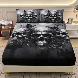 AILONEN Goth Skull Bedding Set Queen Size for Boys,Kids Black Skull Sheet Set,Terror Death Moth Skeleton Fitted Sheet with 2 Pillowcases,3 Pieces