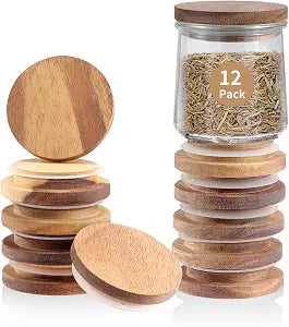 Oui Yogurt Jar Lids | 12 Pack Natural Wooden Lids for Oui Yogurt Jars with Silicone Sealing Rings | Lids Only | Perfect Airtight Storage For 5 Oz Oui Yogurt Glass Jars with Bottle Label