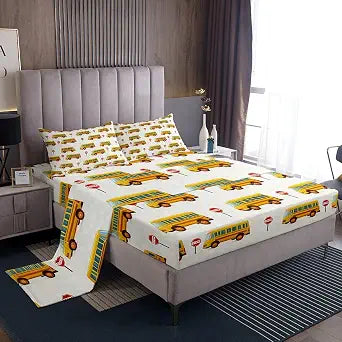 Erosebridal Cartoon School Bus Twin Size Sheet Sets 3pcs, Bus Vehicle Printed Bed Sheets Set for Bedroom, School Theme Kids Teens Soft Bed Set, Yellow Red Transportation Lightweight Bedding Set