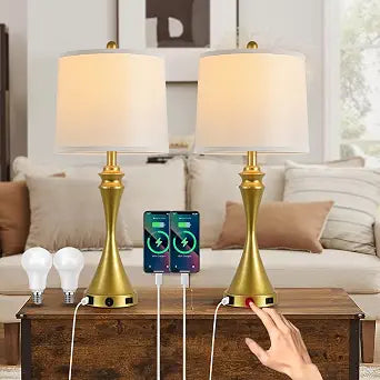 Living Room Deek Lamp Bedroom Table Lamp Set of 2,3 Way Dimmable Led Light Modern Industrial Table Lamps Sand Gold Metal,USB Type A+C&Outlet, Linen Lampshade,Bulb*2