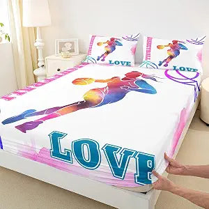 Basketball Lovers Kids Fitted Sheet Twin Size,Modern Sports Games Competition Bedding Set,Girls Boys Adults Room Decor,Hand Painted Fashion Bed Cover,Pink Purple Bed Sheet,1 Pillowcase