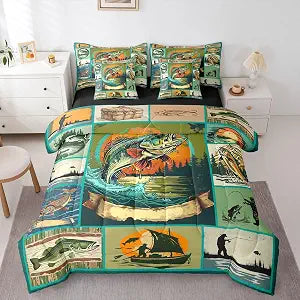 Erosebridal Pike Fish Patchwork Teal Blue Green 7 Piece Bedding Set Twin