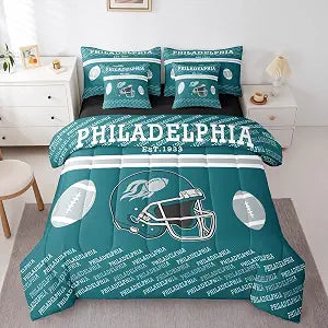 Feelyou American Football Comforter Set with Sheets 7 Piece Queen Size Philadelphia Bed in a Bag Kids Boys Girls Football City Gift Bedding Set Bedroom Decor Breathable Soft Microfiber