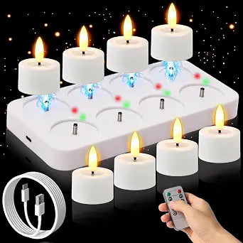 Rechargeable Flameless Tea Lights Candles with Charging Station,LED Tealight Candles Battery Operated, 3D Flameles Flickering Realistic for Halloween Christmas Wedding Decor, 8 Pack,1.5"x 2"
