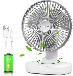 CONBOLA Small Desk Fan for Bedroom, 4000mAh Battery Powered Rechargeable Fan, 90 Vertical Manual and 120 Oscillating, 4 Speeds Air Circulator Fan, Quiet Table Fan for Home Office, White