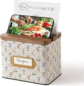 Cabbrix Recipe Box with 50 Cards and 24 Dividers, 4x6 Recipe Card Box Set, Wooden Lid with Phone Holder and Recipe Holder, Beautiful Metal Recipe Organizer, Flowing Gleam